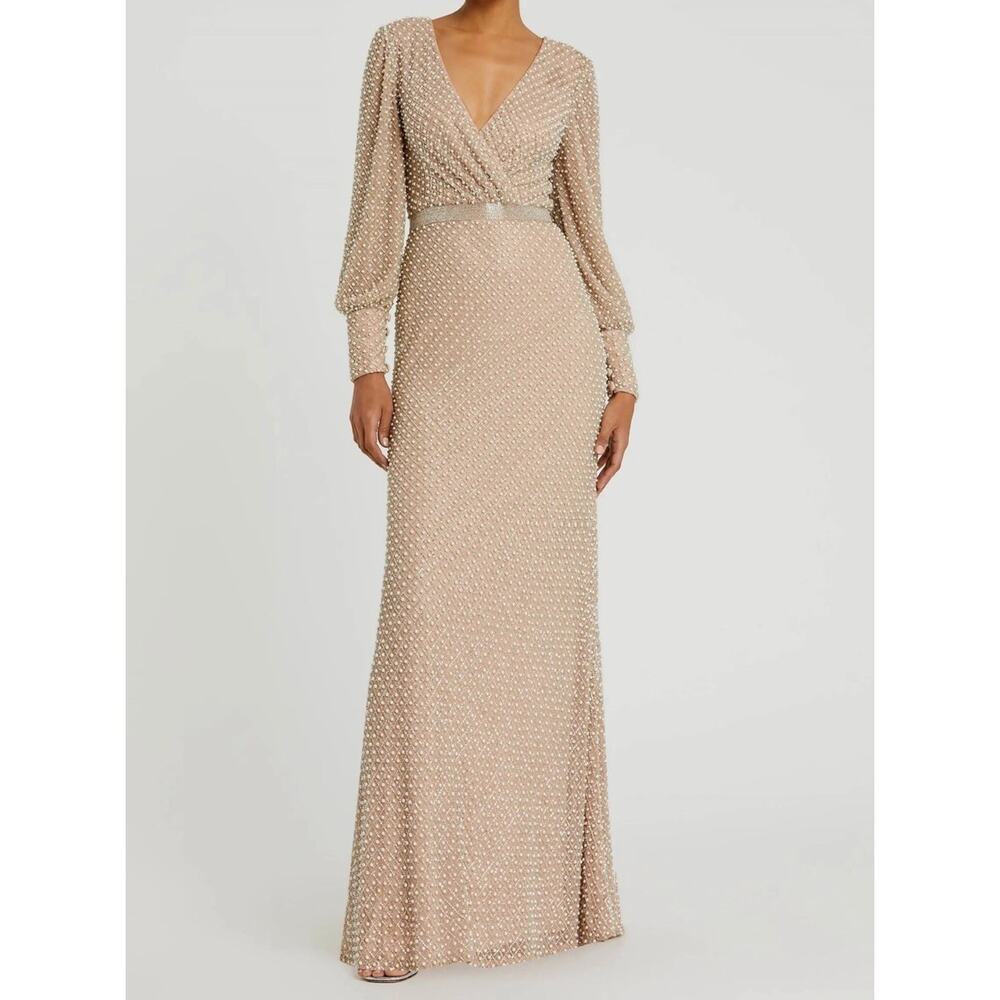 Mac Duggal 10062 Beige Size 4 Wrap Over Pearl Gown Beaded Bishop Sleeves NWT - Picture 2 of 16